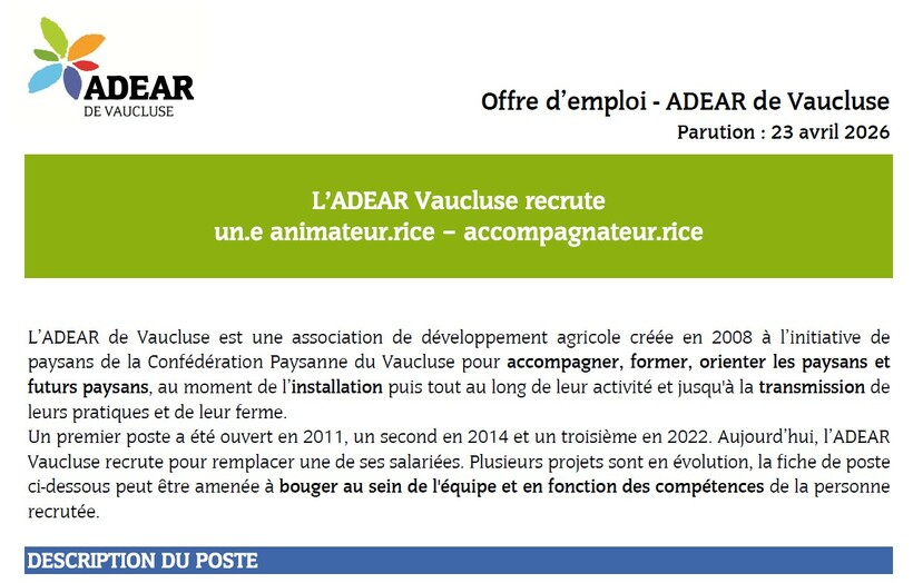 Offre d'emploi CDI 2026 ADEAR84