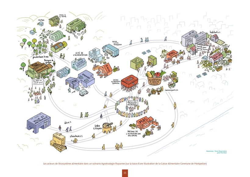 Les acteurs de l'écosystème alimentaire dans un scénario Agroécologie Paysanne (sur la base d'une illustration de la Caisse Alimentaire Commune de Montpellier)